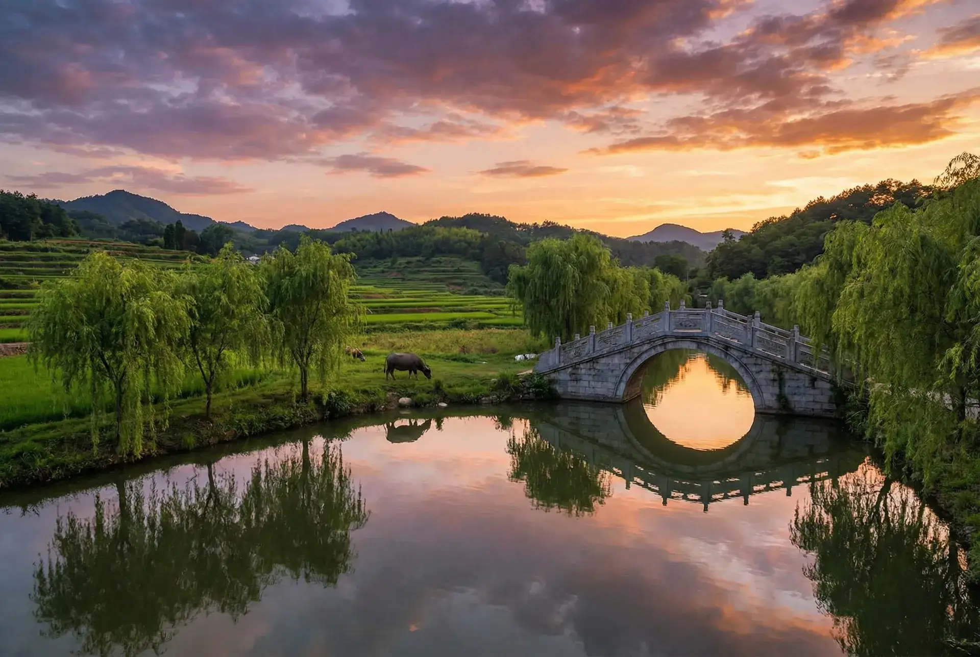 夕阳下的石拱桥与垂柳，水牛在河边吃草 - 哪里可以看3d肉蒲团 乡村美景